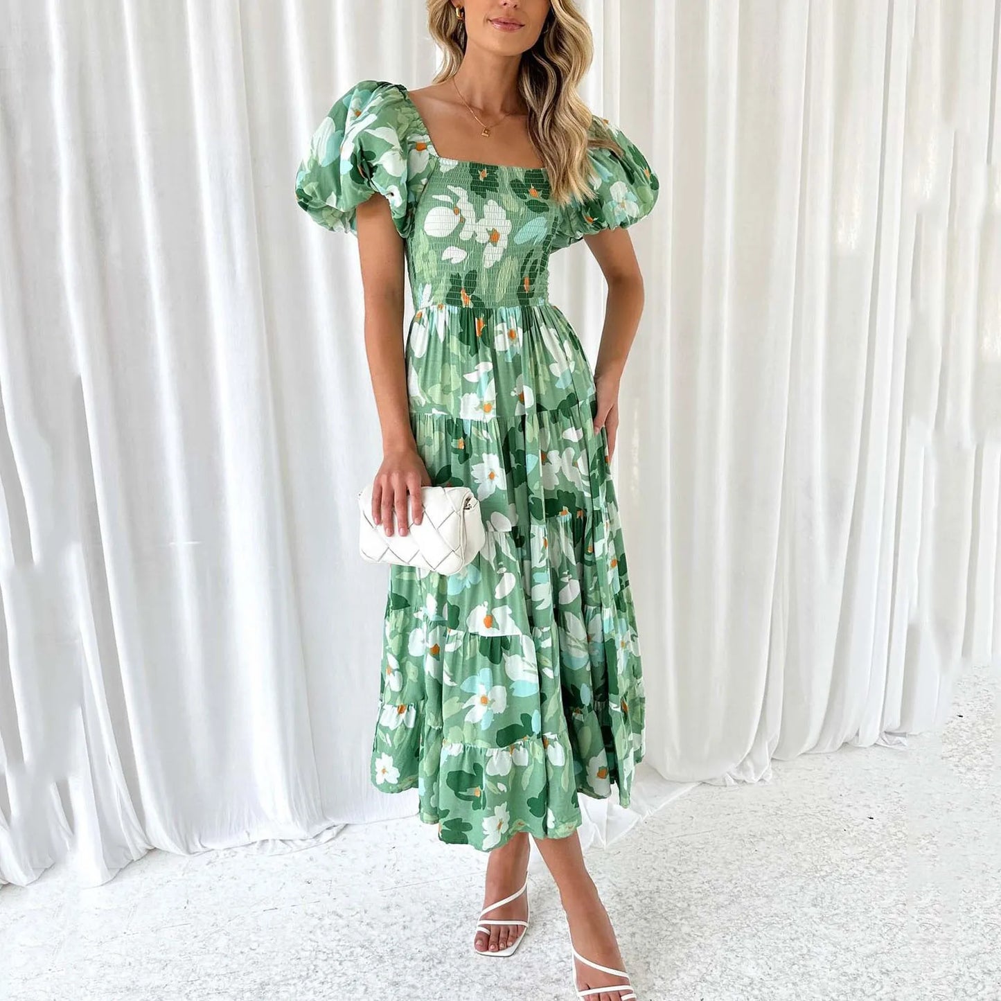 FashionSierra - Elegant Floral Printed Dress For Women Off Shoulder Puff Sleeve Midi Summer New Sexy Backless Slash Neck Casual Dress