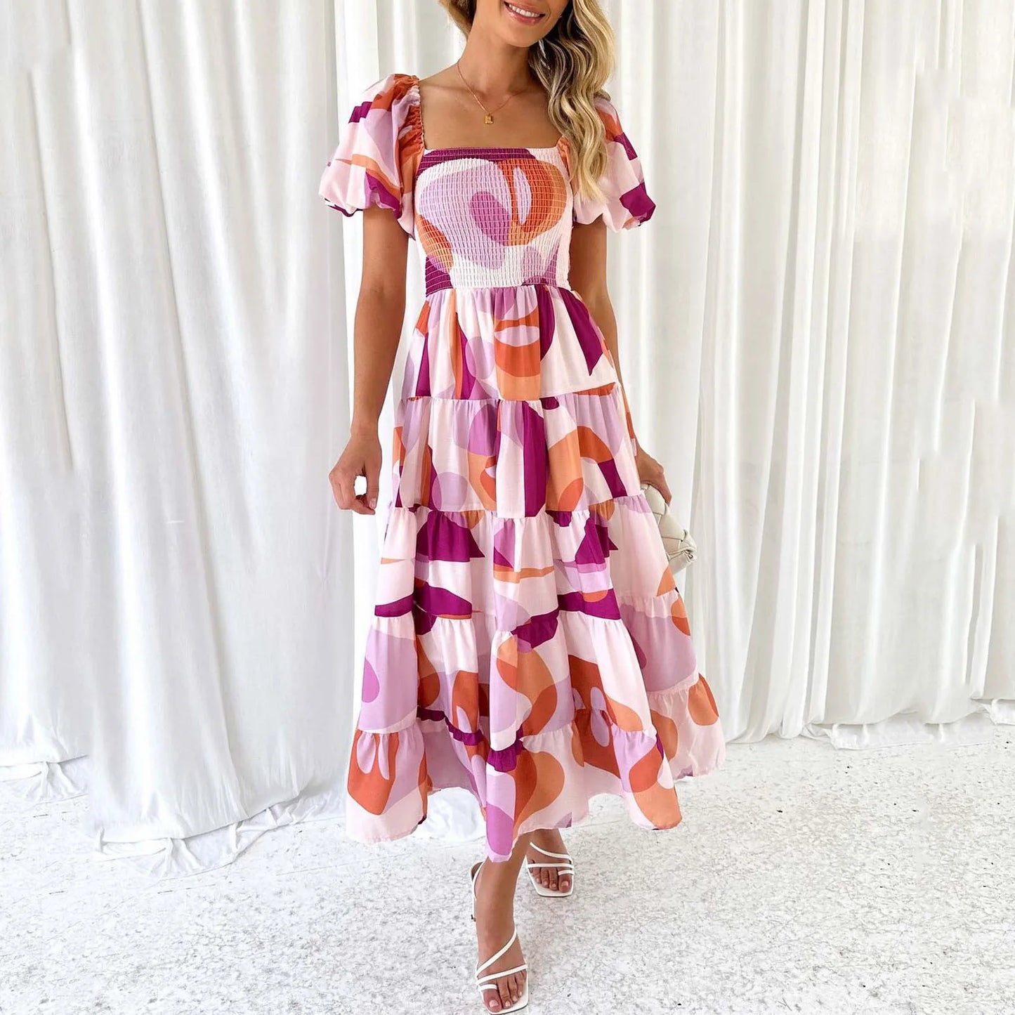 FashionSierra - Elegant Floral Printed Dress For Women Off Shoulder Puff Sleeve Midi Summer New Sexy Backless Slash Neck Casual Dress