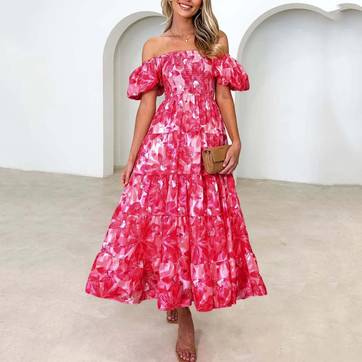 FashionSierra - Elegant Floral Printed Dress For Women Off Shoulder Puff Sleeve Midi Summer New Sexy Backless Slash Neck Casual Dress