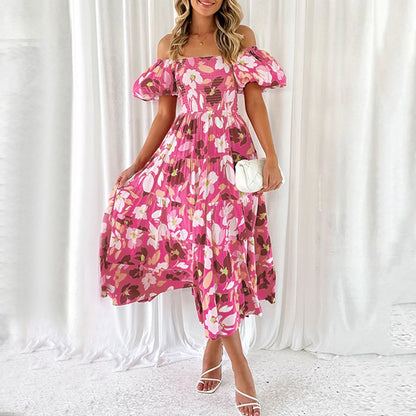 FashionSierra - Elegant Floral Printed Dress For Women Off Shoulder Puff Sleeve Midi Summer New Sexy Backless Slash Neck Casual Dress