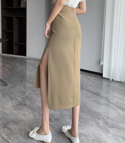 FashionSierra - Folds High Waist Package Hip Korean Office Ladies Fashion Side Slit Pencil Women Summer Midi Skirt