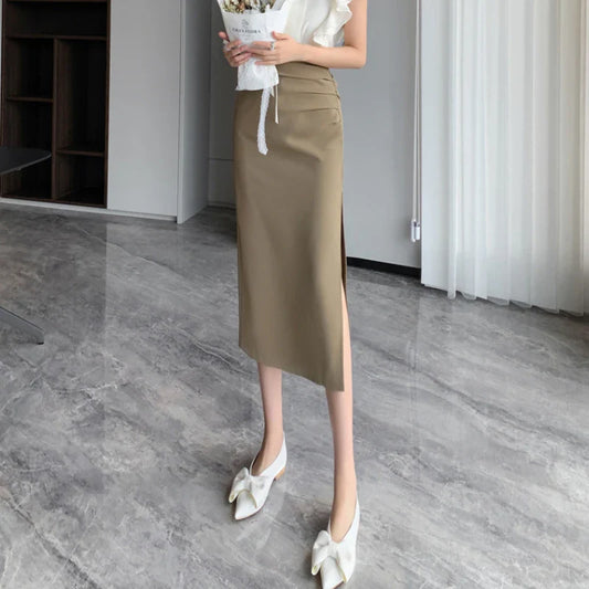 FashionSierra - Folds High Waist Package Hip Korean Office Ladies Fashion Side Slit Pencil Women Summer Midi Skirt