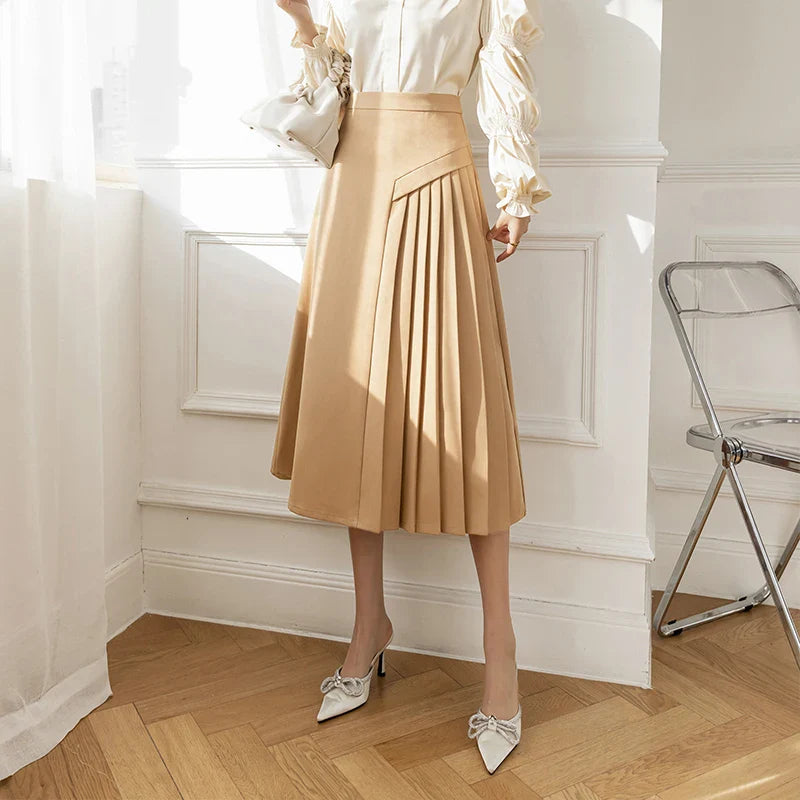 FashionSierra High Waist A-line Pleated Womens Spring Summer Fashion Mid-length Office Ladies Temperament Umbrella Skirt