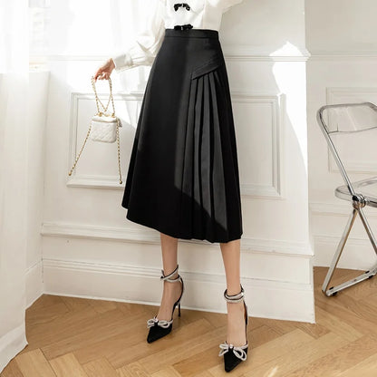 FashionSierra High Waist A-line Pleated Womens Spring Summer Fashion Mid-length Office Ladies Temperament Umbrella Skirt