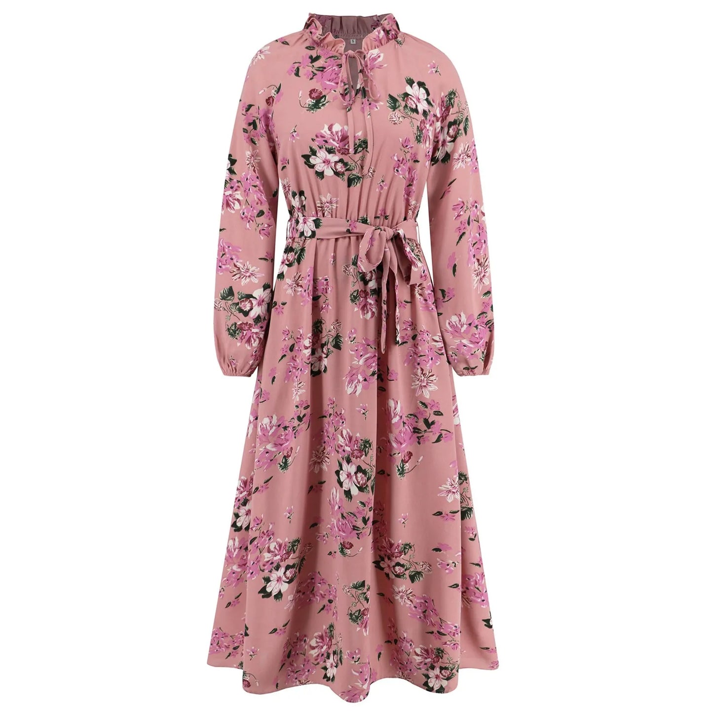 FashionSierra - Elegant Pleated Long Sleeve Floral Maxi Casual Fashion Temperament Lace Up Dress