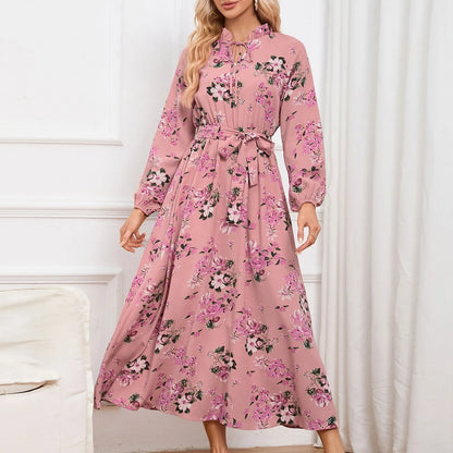 FashionSierra - Elegant Pleated Long Sleeve Floral Maxi Casual Fashion Temperament Lace Up Dress