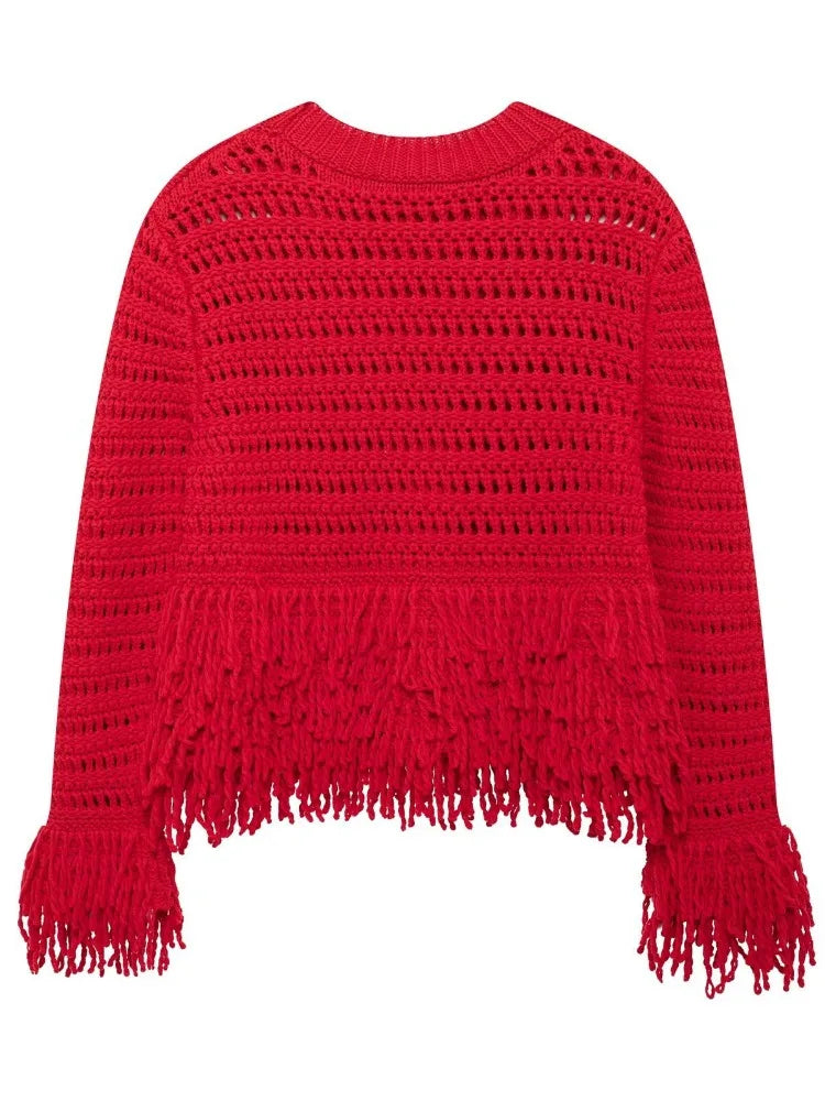 Elegant Hollow Out Sexy Long Sleeve O-Neck Red Christmas Sweater Sweaters-L