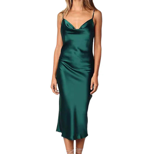 Green Satin Long Backless Evening Dress for Summer and Christmas Parties