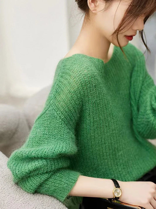 FashionSierra See-through Pullover Loose Jumper Autumn Winter Soft Warm Women Knitwear Basic Solid Cashmere Sweater