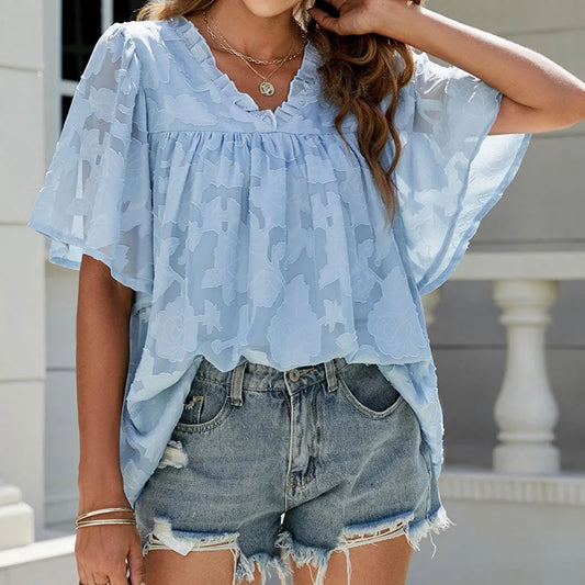 V-Neck Spliced Ruffles Flare Sleeve Trend Solid Color Blouse