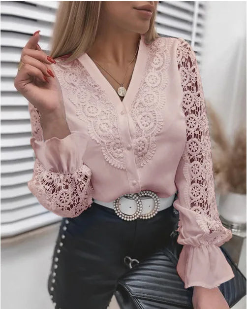 FashionSierra - Casual White Long Sleeve Lace Hollow Turtleneck Fashion Pullovers Blouse