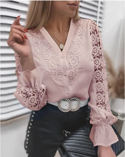 FashionSierra - Casual White Long Sleeve Lace Hollow Turtleneck Fashion Pullovers Blouse