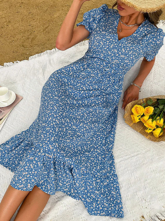 FashionSierra - 2024 Elegant Blue V Neck Casual Summer Beach Boho Dress