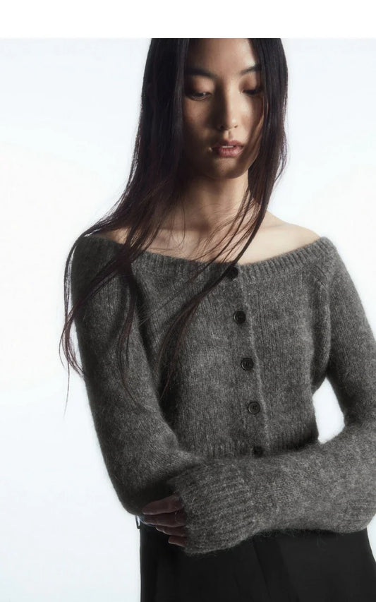 Ethereal Wide Neck Blend Standard Cut Wool Cardigan Cardigan