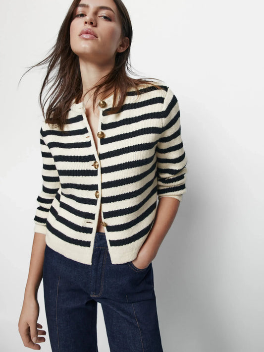 Ethereal Buckle Casual Knit Stripe Cardigan