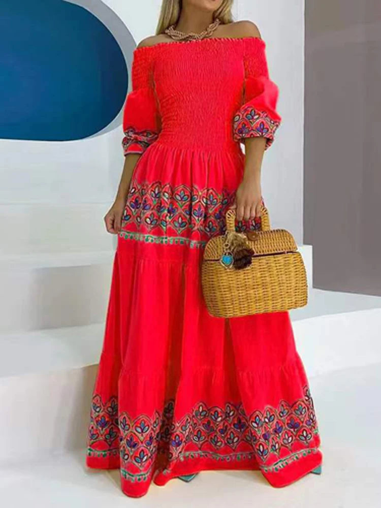 FashionSierra - 2024 Ethnic Printed Slash Neck Pleated Boho Dress