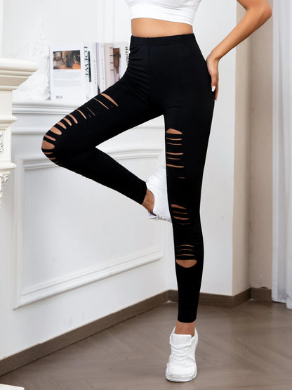 European US High-Waisted Ripped Stretch Leggings Solid Color Tight Bottom