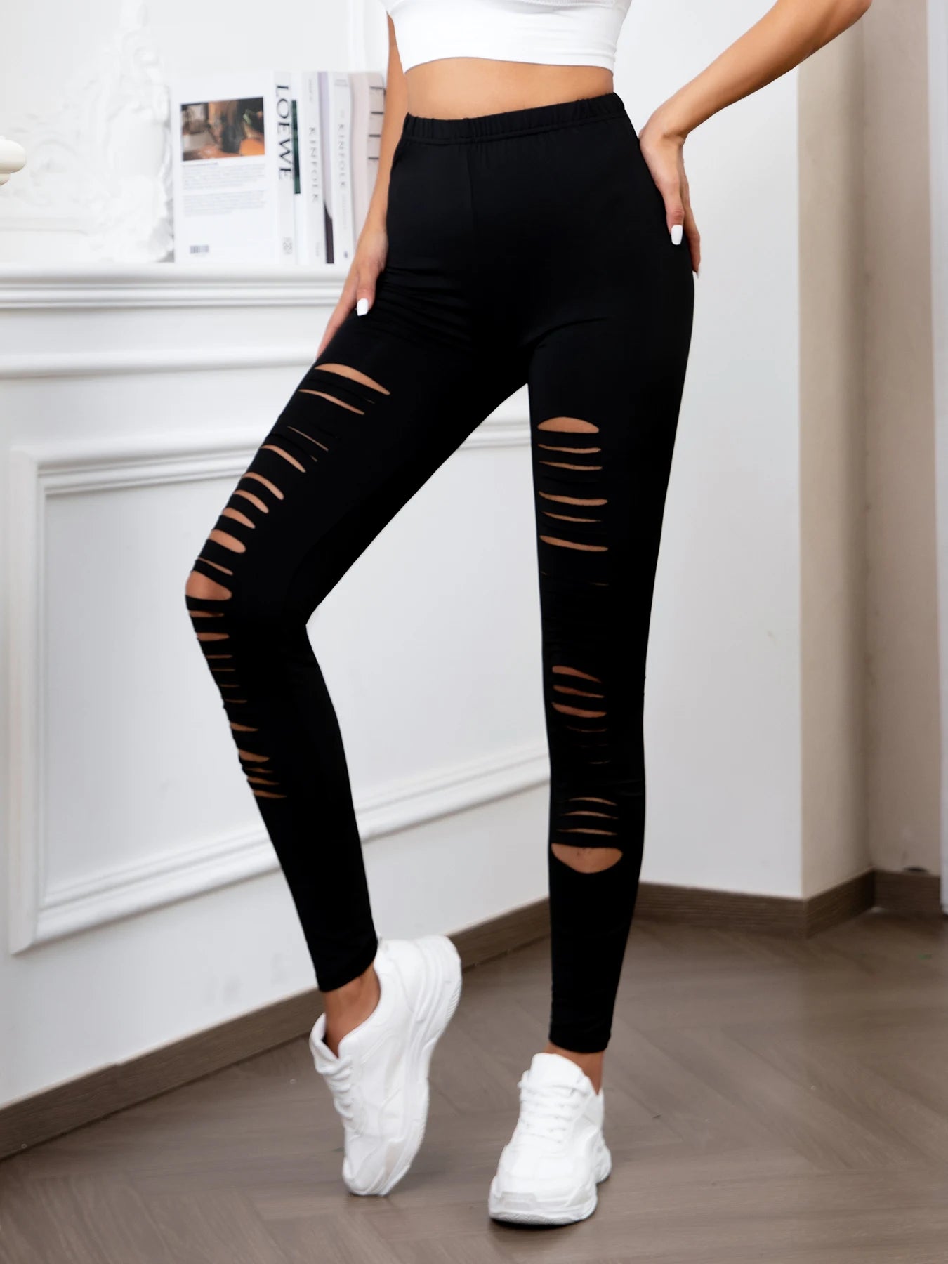 European US High-Waisted Ripped Stretch Leggings Solid Color Tight Bottom