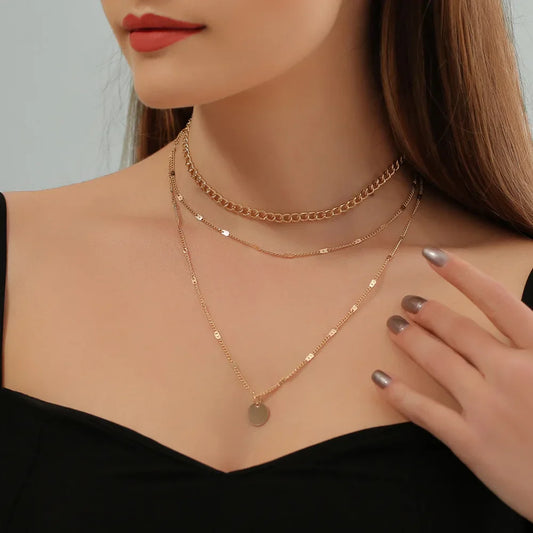 European Metal Multilayer Clavicle Retro Geometric Disc Wafer Gift Necklake