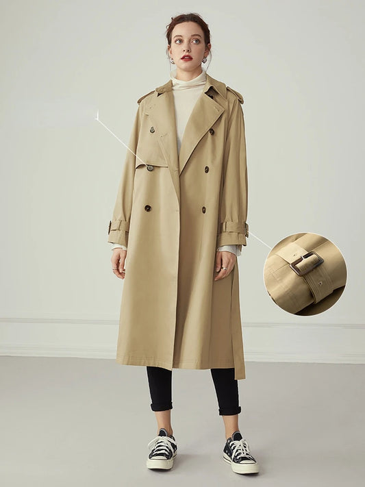 Khaki Long Turn Down Collar Full Sleeve Casual Belt Trench Coats