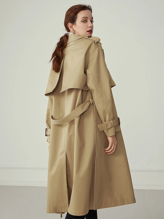 Khaki Long Turn Down Collar Full Sleeve Casual Belt Trench Coats