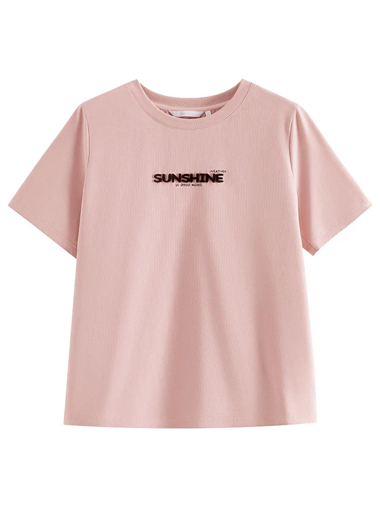 FashionSierra - Cotton Round Front Shoulder Pink White Retro Short-sleeved Women's T-shirt