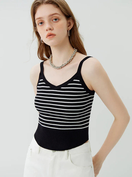 Retro Style Striped Camisole Women Autumn Sleeveless Knitted Top Tank Top