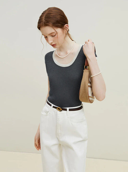 FashionSierra - Shoulder Wrap Knitted Slim Fit Sleeveless Summer 2024 New Green Grey Women's T-shirt