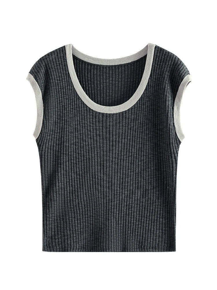 FashionSierra - Shoulder Wrap Knitted Slim Fit Sleeveless Summer 2024 New Green Grey Women's T-shirt