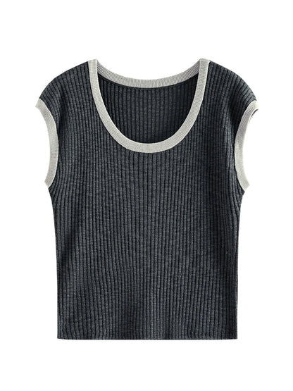 FashionSierra - Shoulder Wrap Knitted Slim Fit Sleeveless Summer 2024 New Green Grey Women's T-shirt