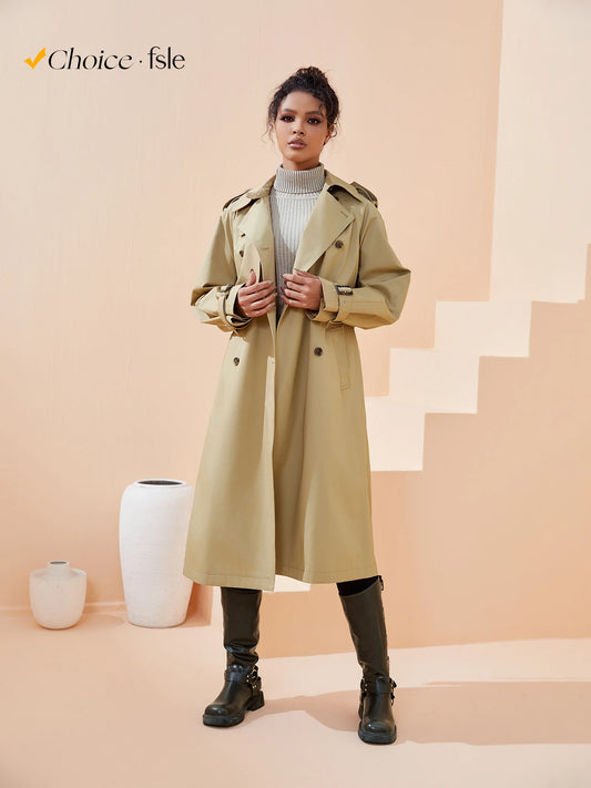 Khaki Elegant Turn Down Collar Trench Top