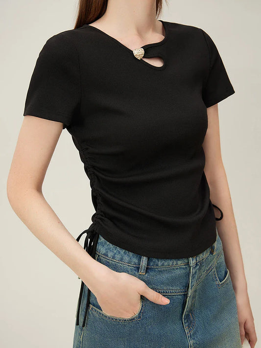 FashionSierra - Black Slim Front Shoulder Side Short Solid Thin Women's T-shirt