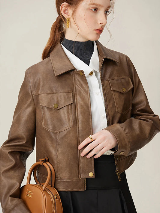 PU Leather Turn-down Collar Zipper Placket Beige Grey Spring Short Brown Coats