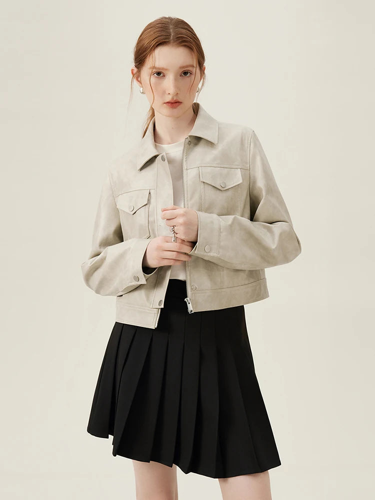 PU Leather Turn-down Collar Zipper Placket Beige Grey Spring Short Brown Coats