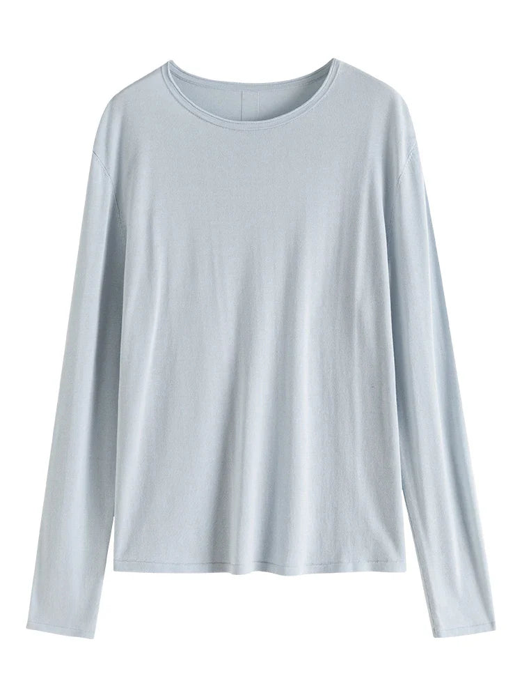 FashionSierra - Style Elegant Round Neck Knitted Spring Long-sleeved Thin Tencel Inner Layering T-shirt