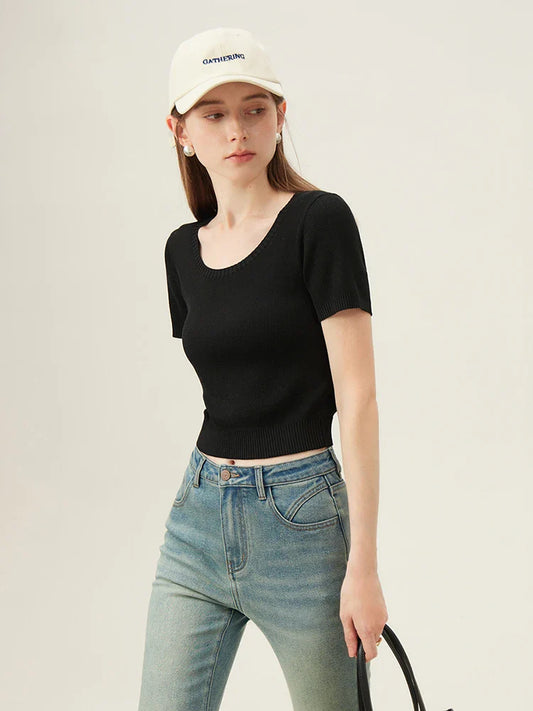 FashionSierra - Style Round Neck Short-sleeved New Korean All-match Knitted Female T-shirt