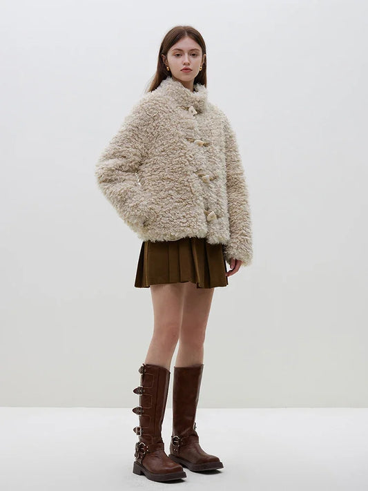 Stand Collar Horn Button Loop Fur Faux Fur Short Light Khaki Loose Coats