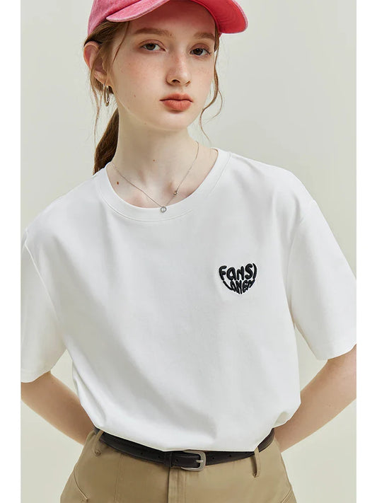 FashionSierra - White Heart Letter Casual Loose Round Neck Short Sleeve  2024 Summer Drop Sleeve Female T-shirt