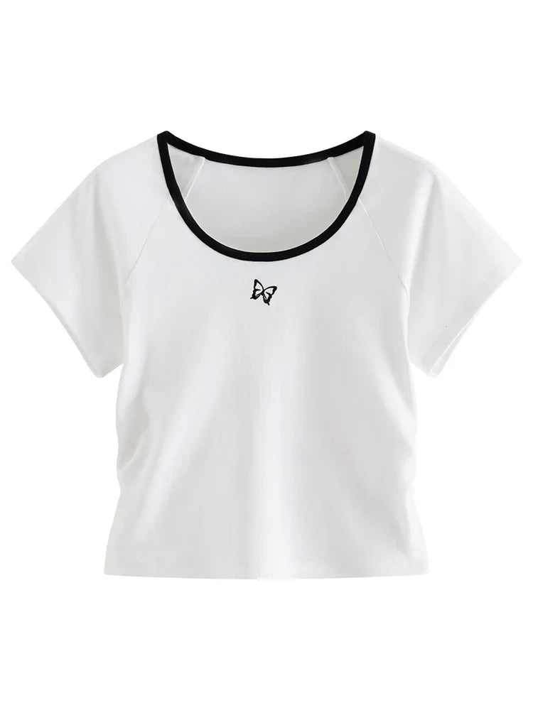 FashionSierra - Raglan Sleeve Short Female Butterfly Embroidered Contrasting Neckline Design 92.3% Cotton Women's T-shirt