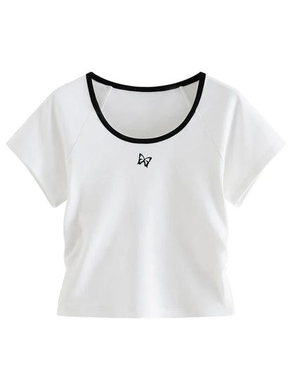 FashionSierra - Raglan Sleeve Short Female Butterfly Embroidered Contrasting Neckline Design 92.3% Cotton Women's T-shirt