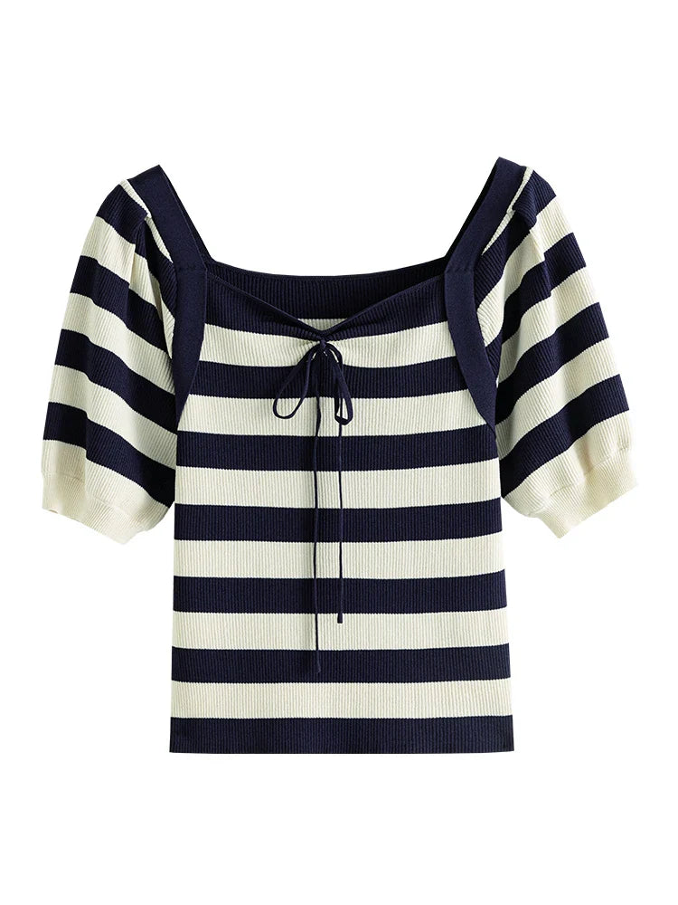 FashionSierra - Women Knitted Square Neck Navy Blue Stripe Pullover Lace Up T-shirt