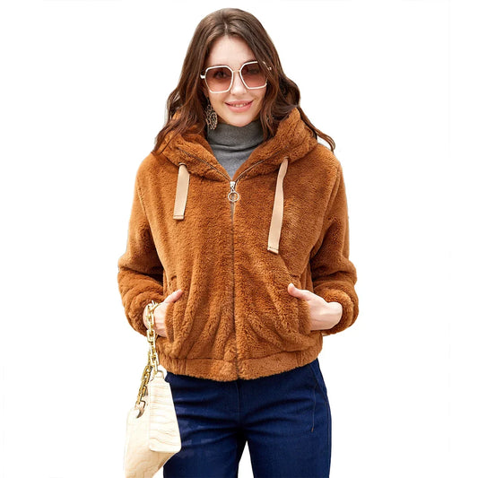 Fall Winter 2024 New Women Jacket Hooded Long Sleeve Warm Cotton Solid Color Short Jacket Coat