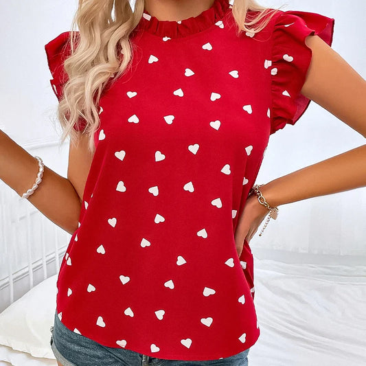 Fashion Chiffon Print Shirt Ruffled Round Neck Sleeveless Blouse