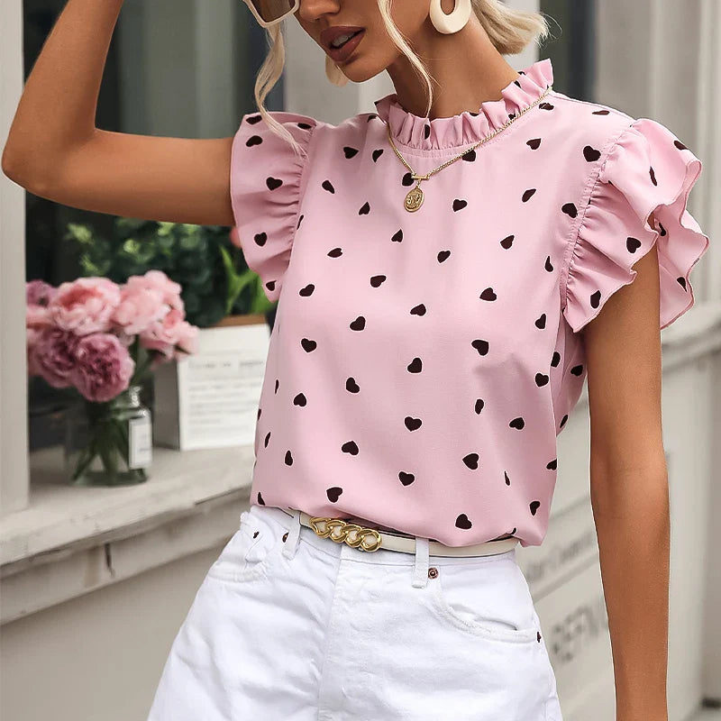 FashionSierra 2024 Summer Pink Chic Fashion Wave Point Print Ruffle Short Sleeve Chiffon Woman Blouse