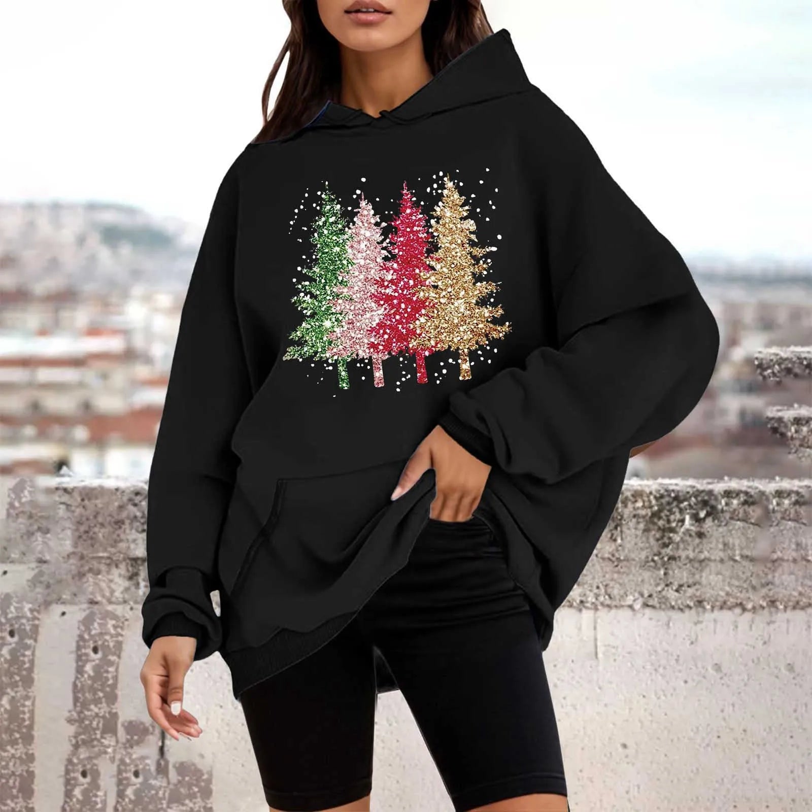 Loose Pullover Four Christmas Tree Crewneck New Autumn Hoodie Black-A / M Hoodies-L