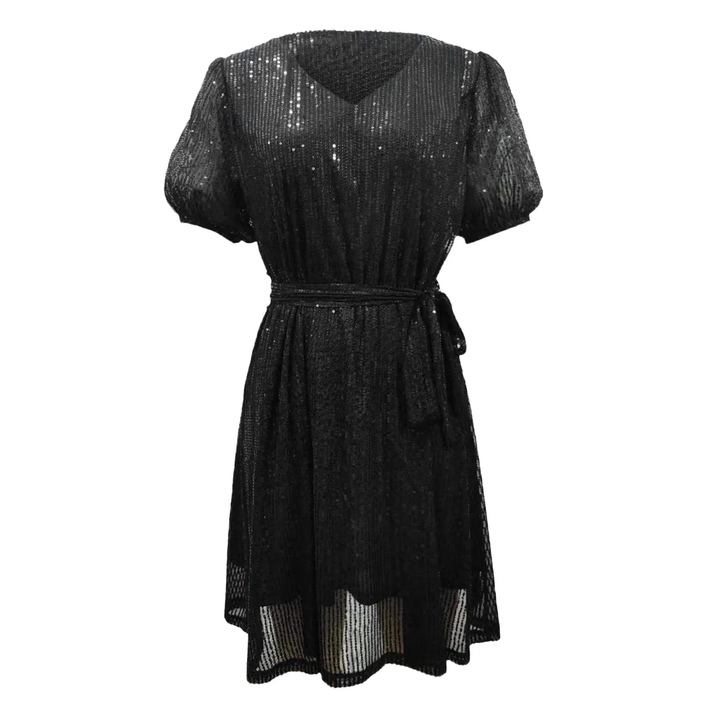 FashionSierra - Fashion Mini Sequin Short Sleeve Belt Waist Party Elegant Loose Baggy Dress