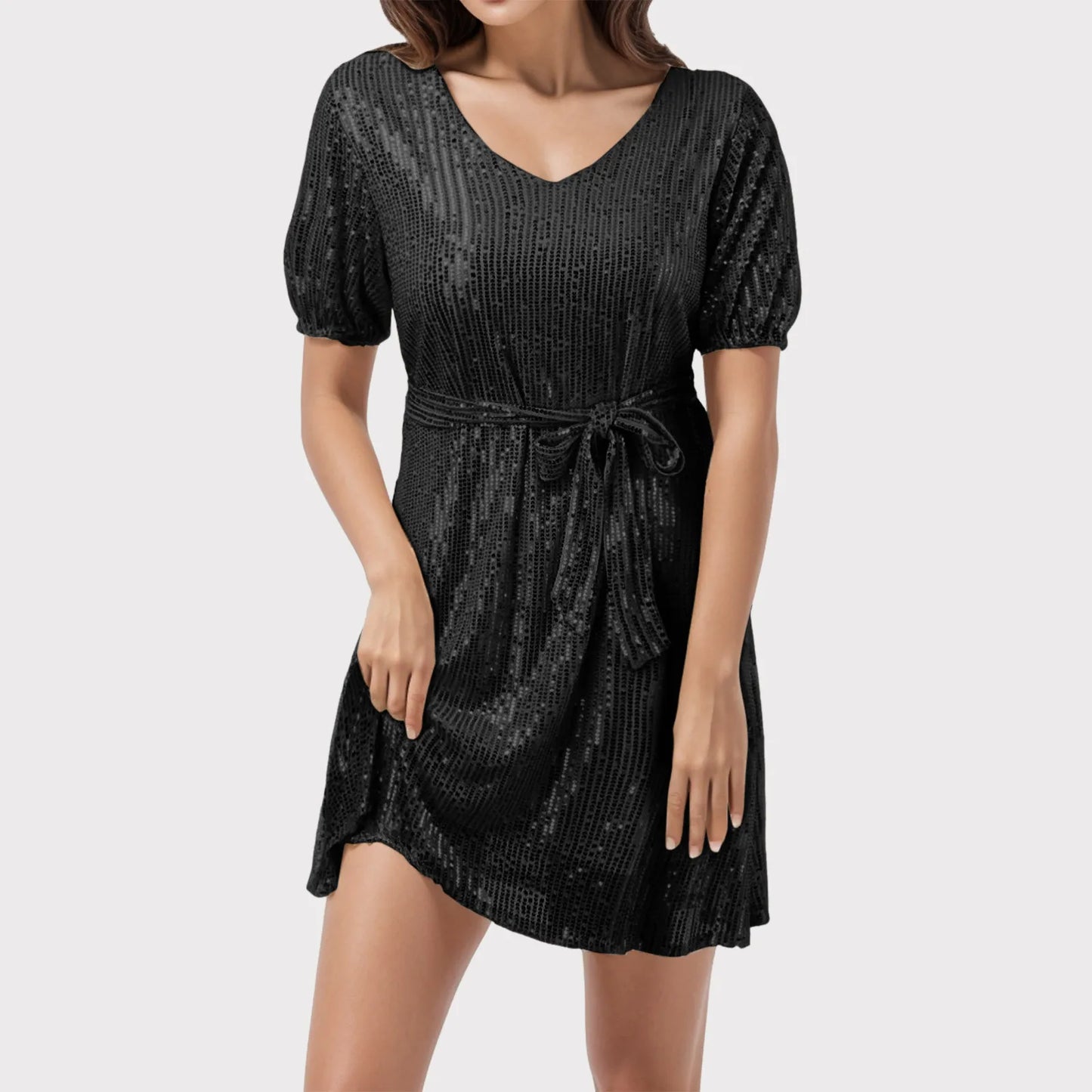 FashionSierra - Fashion Mini Sequin Short Sleeve Belt Waist Party Elegant Loose Baggy Dress