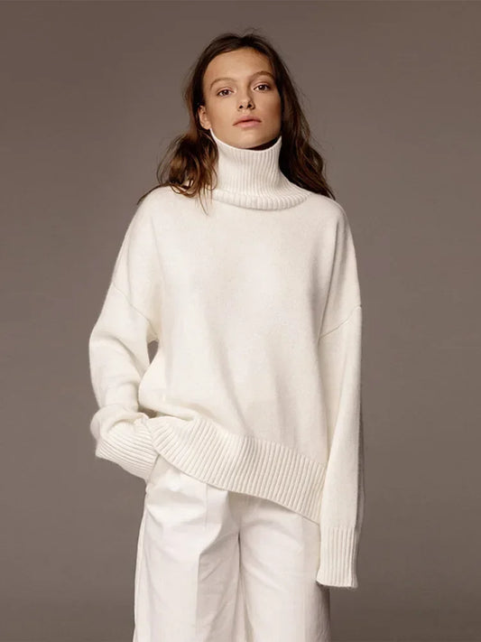 Fashion Solid Turtleneck Long Sleeve Knitted Commute Loose Women Autumn Ladies Sweater