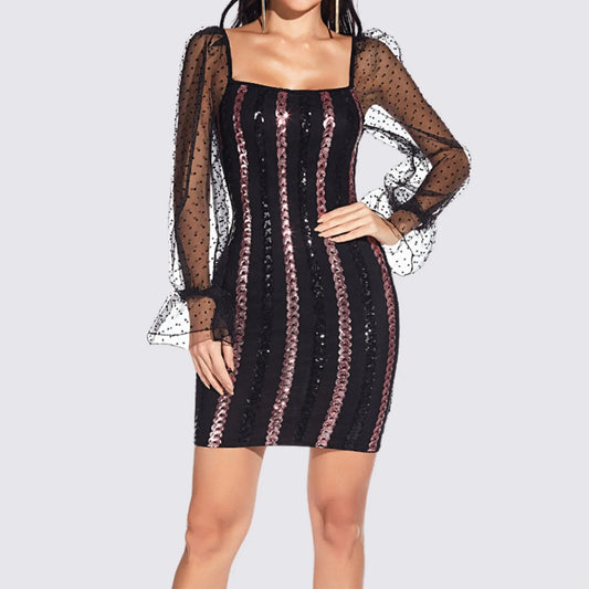 FashionSierra - Square Collar Bodycon Bubble Long Sleeve Mesh Patchwork Striped Sequined Glitter Midi Party Fashion Women Dress