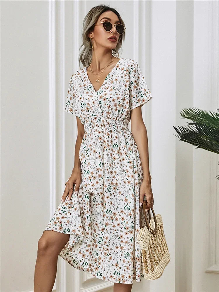 Floral Chic Short Sleeve Women’s Fashionable Long Midi Dress WHITE / S